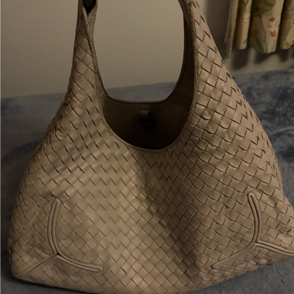 Bottega Veneta Cream Hobo Bag with Woven Leather and Curved Design